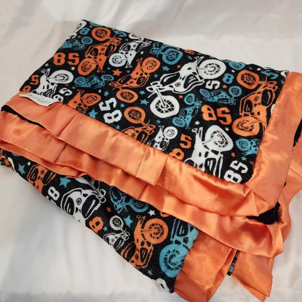 Minky Couture Ultra Plush Motorcycle Print W /Orange Trim Blanket 45